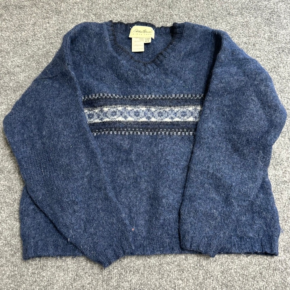 Eddie Bauer Sweater Womens Size M Blue Wool Blend Fair Isle V-Neck USA Made